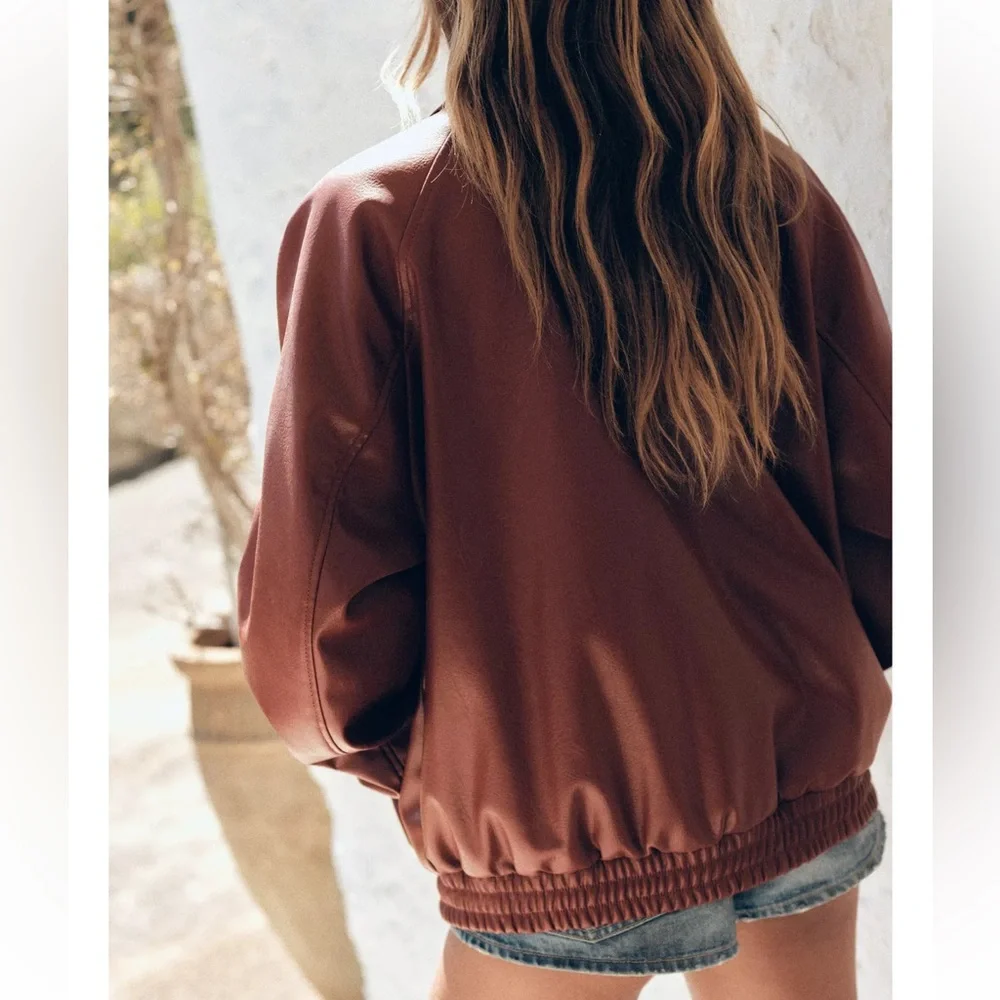 Zara Women's Brown Faux‎ Leather Bomber Jacket Size Small